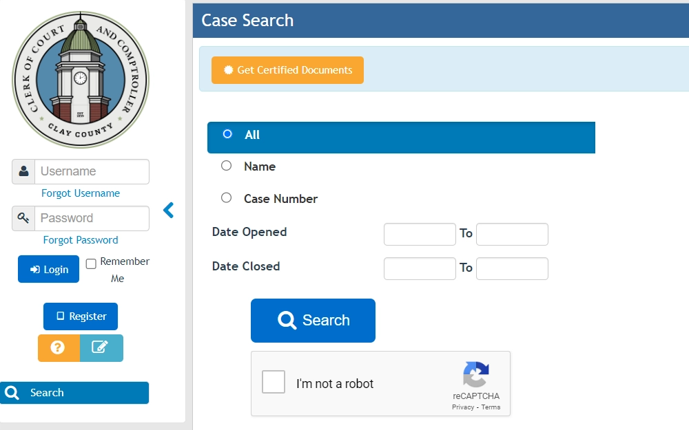 A screenshot of the case search page on the Clay County Clerk of Court and Comptroller page shows two search options: Name or Case number; users can include the date opened/closed for a more accurate search.