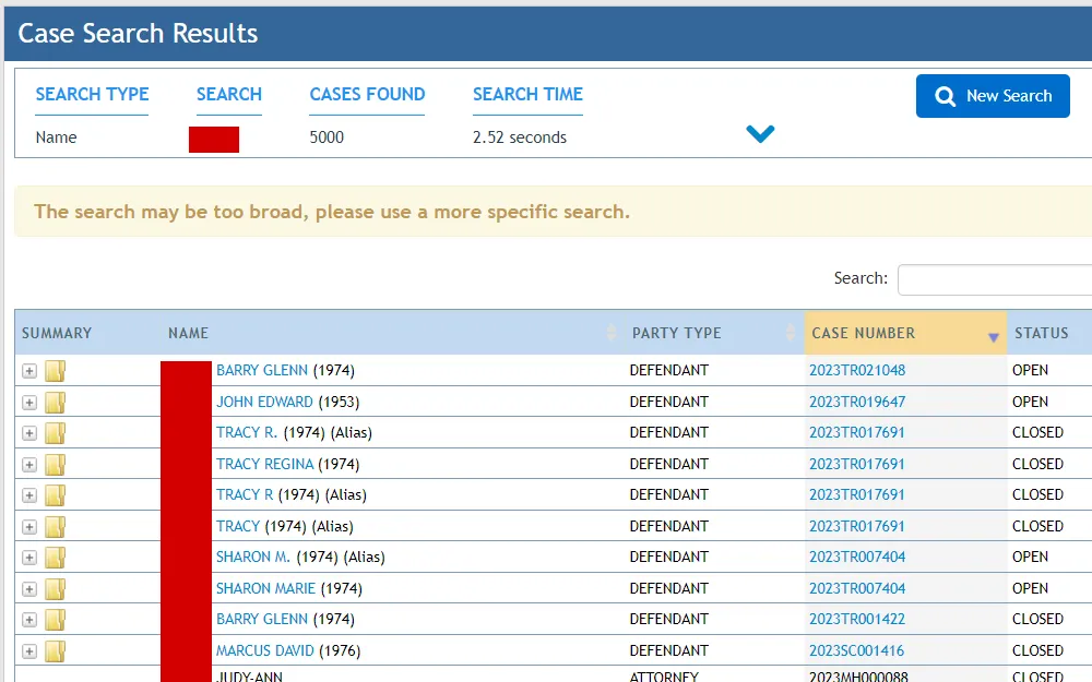 A screenshot of the case search results on the Clay County Clerk of Court and Comptroller site shows the list of cases, including the subject's name, party type, case number and status. 