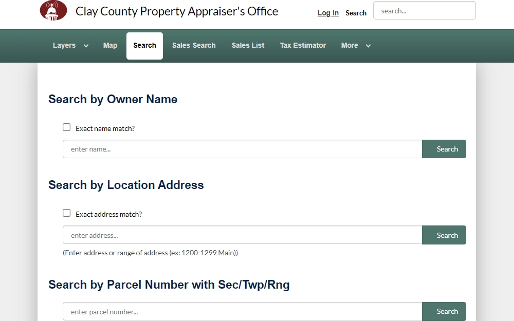 A screenshot of the Clay County Property Appraiser's Office search page shows three options: Search by Owner Name, Search by Location Address or Search by Parcel Number with Sec/Twp/Rng.