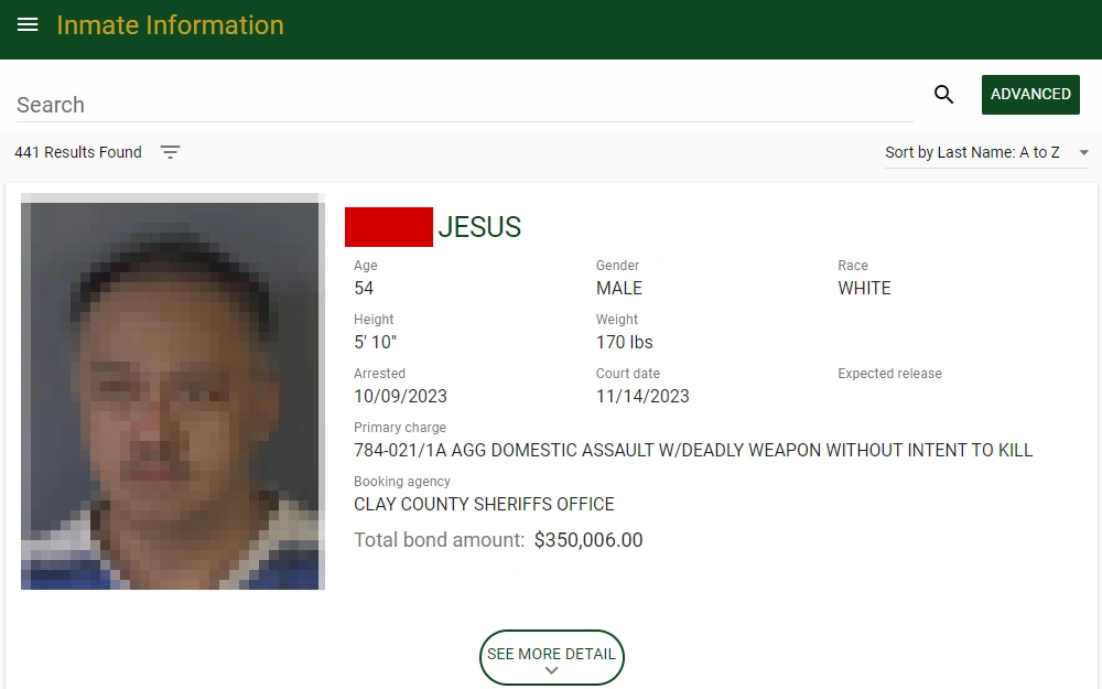 A screenshot of the result from an inmate search on the Clay County Sheriff's Office page displays the inmate's mugshots, full name, age, primary charge, booking agency and total bond amount. 