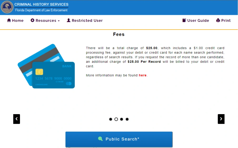 A screenshot of the public search page on the Florida Department of Law Enforcement page for criminal history services displays the corresponding fee for the request.