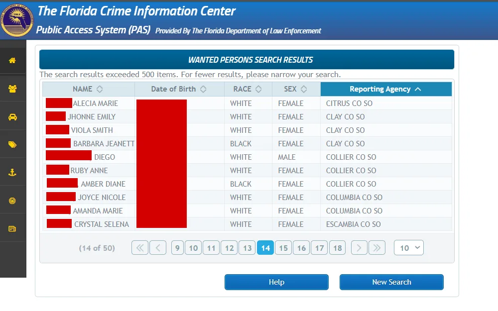 A screenshot of the wanted search results on the Public Access System (PAS) provided by the Florida Department of Law Enforcement displays the list of offenders with their full name, DOB, Race, Sex, and Reporting Agency. 