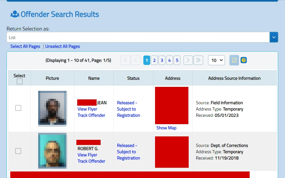 A screenshot of the list of sex offenders on the Sex Offenders Predators System provided by the Florida Department of Law Enforcement with their mugshots, full name, status and address.