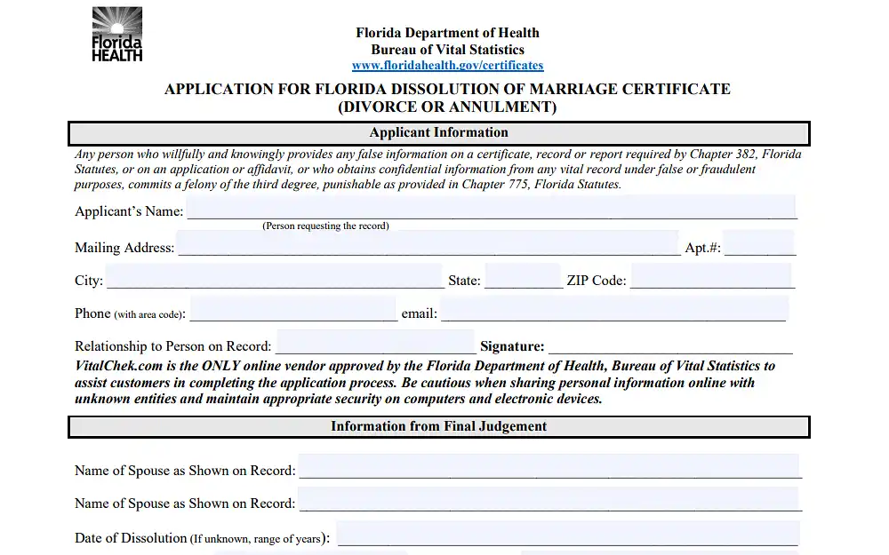 A screenshot showing an application for a Florida dissolution of marriage certificate for divorce or annulment, which needs details such as the applicant's name, mailing address, city, state, ZIP code, phone number, email address, relationship to the person on record, and signature.