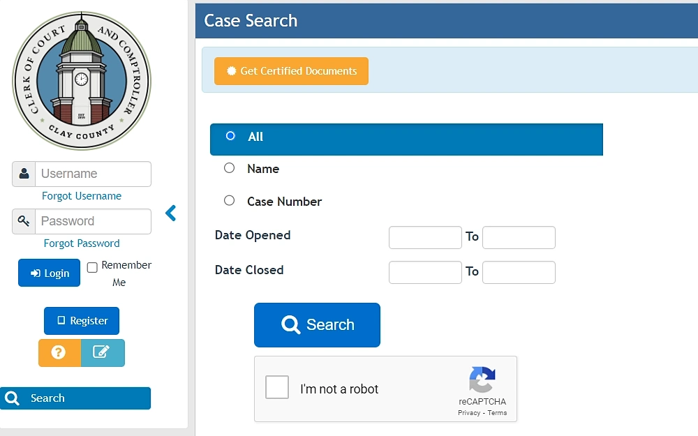 A screenshot showing a case search from the Clay County Clerk of Court and Comptroller displaying selection options such as all options, name, case number and date opened and closed fields and a search icon.