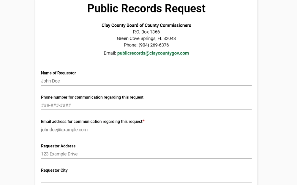 A screenshot from the Clay County Board of County Commissioners website showing a public records request with the necessary information to be filled in, such as the name of the requestor, phone number and email address for communication regarding the request, and more.