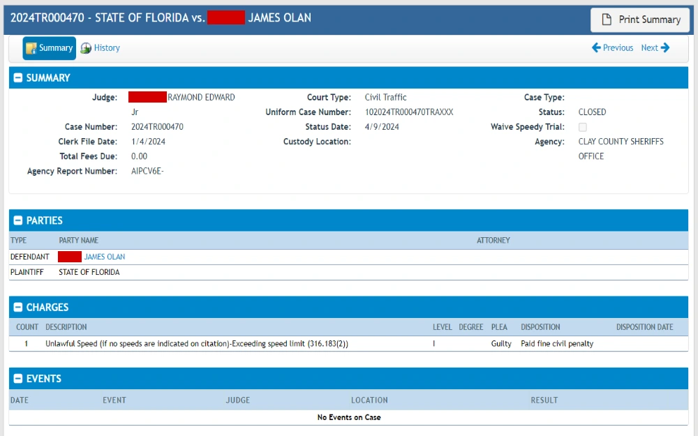 A screenshot of a case summary tab that displays the judge's name, case number, clerk file date, total fees due, agency report number, court type, uniform case number, status date, custody location, case type, status, waive speedy trial, and agency.
