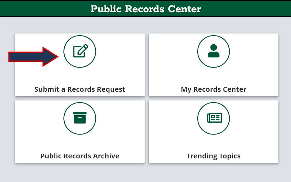 A screenshot showing the public records center's main menu options, such as "Submit a Records Request," "My Records Center," "Trending Topics," and "Public Records Archive," an arrow points to the "Submit a Records Request" option on the Clay County Sheriff’s Office website.