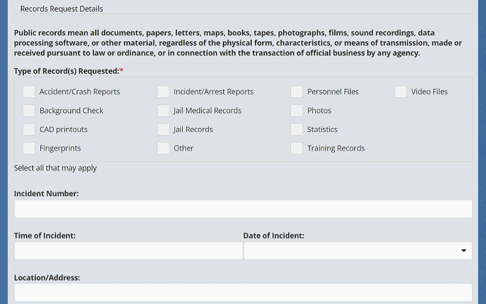 A screenshot displays the details of a records request, with checkboxes to select the types of records requested, such as accident or crash reports, background checks, CAD printouts, fingerprints, incident or arrest reports, jail medical records, and more.
