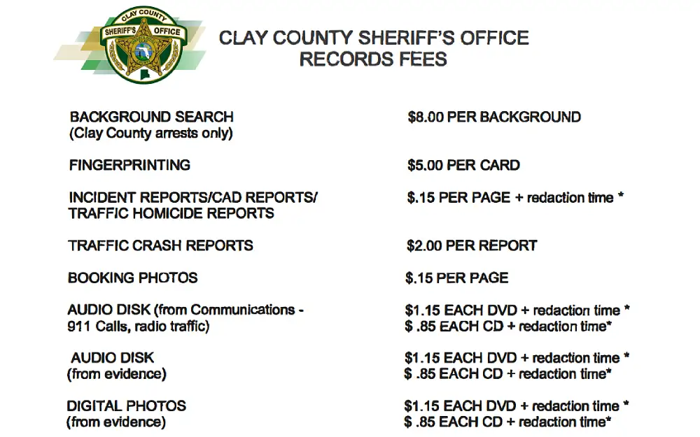 A screenshot of a Clay County Sheriff's Office record fee for the following document types: background searches (Clay County arrests only), fingerprinting, incident reports, CAD reports, traffic homicide reports, traffic crash reports, booking photos, audio disks and digital photos.